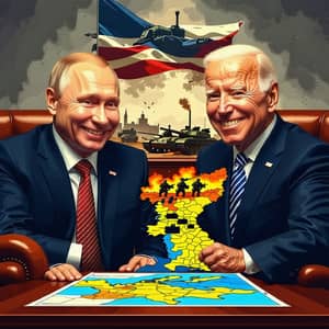 Putin and Biden Smiling, Map of Ukraine with War Imagery