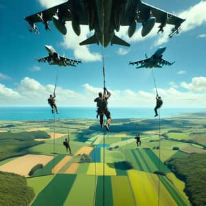 Three Fighter Jets Dropping Men in a Green Field