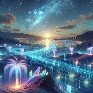 Digital Oasis: Serene Desert Landscape & Binary Code Glow