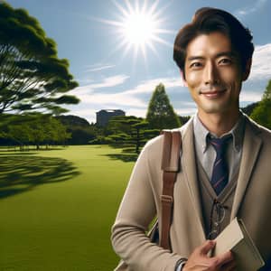 Midday Portrait: Asian Man in Park with Book and Glasses