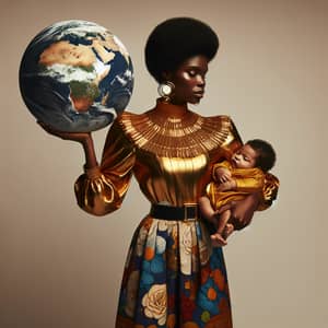 Empowering Image of an African Descent Woman Holding Earth and Baby