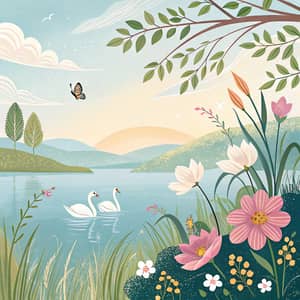 Coloring Page: Serene Nature Scene with Swans & Butterflies