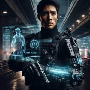 Futuristic Hispanic Male Agent for High-Tech Espionage Game