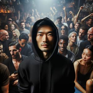 Diverse Crowd in Energetic Club with East Asian Man in Hoodie