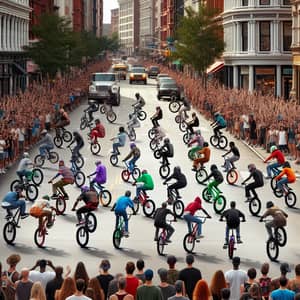 Diverse Bicycle Riders Performing Wheelies in Urban Street Setting