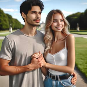 Joyful Hispanic Man & Blonde Woman in Casual Attire at Serene Park