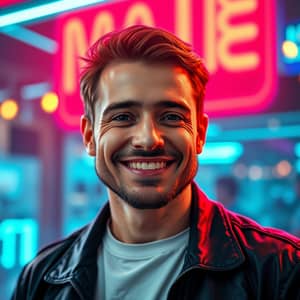 Cool Man Smiling Amid Neon Lights