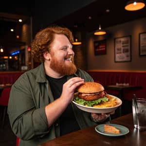 Indulge in Burgers with Our Charming Ginger Host