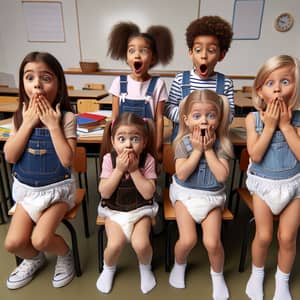 Surprised Kids in Diaper-Like Overalls in Classroom