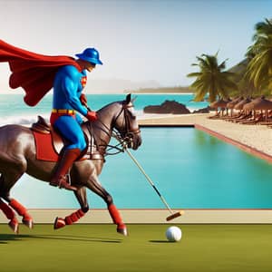 Superhero playing polo on beachfront polo field