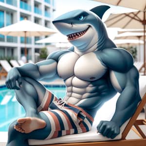 Muscular Shark Demi-Human Relaxing by Pool in Swim Shorts