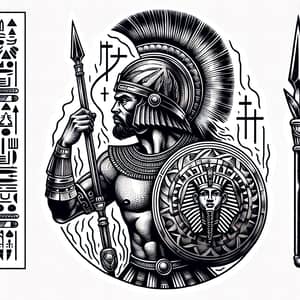 Detailed Warrior Tattoo with Egyptian Hieroglyphics