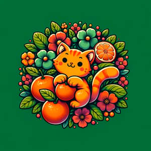 Orange Cartoon Cat with Tangerines and Flowers Logo