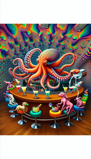 Psychedelic Six-Armed Bartender Mixing Colorful Cocktails