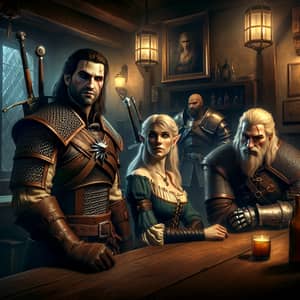 Fantasy Tavern Encounter: Witcher, Sorceress, and Dwarf in Tense Atmosphere