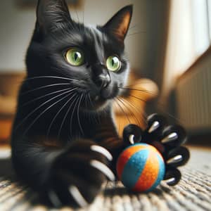 Playful Black Cat with Green Eyes | Enthusiastic Toy Fun