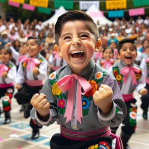 Joyful 7-Year-Old Mexican Boy Dancing at Mother's Day Festival