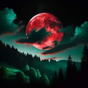 Crimson Moon and Emerald Green Clouds - Enchanting Night Scene