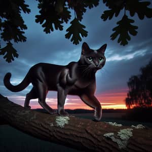 Graceful Domestic Shorthaired Cat on Oak Tree Branch