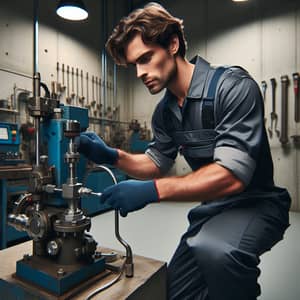 Expert 'Blaumann' Technician Handling Pump Machine in Industrial Setting