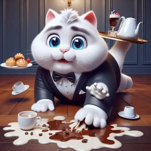 Chunky Cartoon Cat Waiter's Clumsy Cafe Mishap