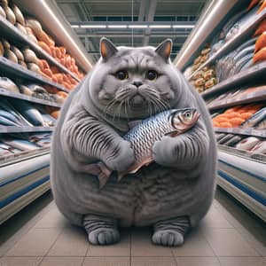 Grey British Shorthair Cat in Supermarket | Fresh Fish Scene