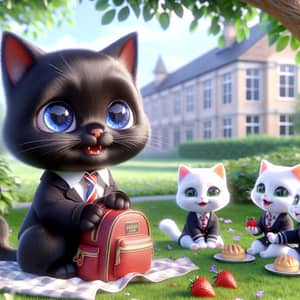 Enchanting Animated British Cat in School Uniform on Green Meadow