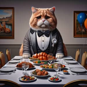 Chubby Orange British Cat in Tuxedo Sitting Alone at Festive Table