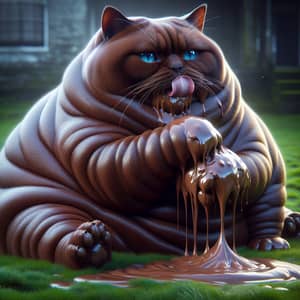 Chocolate British Shorthair Cat Licking Paw in Grass