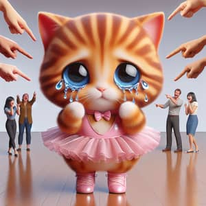 Adorable Cartoon Ginger Cat Crying in Pink Ballerina Dress