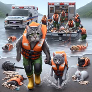 Rescue Operation: Exhausted Cat & Kitten in Life Jackets