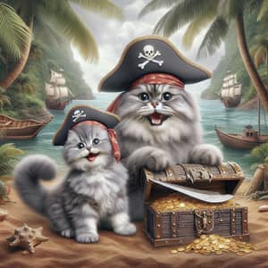 Fluffy Grey Pirate Cat Adventures for Treasure | Beautifully Detailed