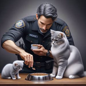 Realistic Scene: Grey Cat and Kitten with Hispanic Policeman