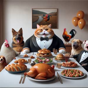 Hyperrealistic British Cat in Tuxedo at Feast with Friends