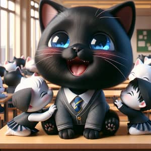 Cartoon Black British Shorthair Cat in School Uniform Smiling