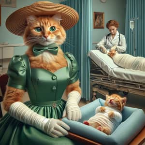 Ginger Cat in Green Dress with Sleeping Kitten - Realistic Style