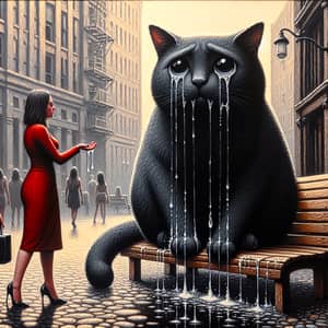 Sorrowful Cartoon Black Cat on Bench Receives Job Contract