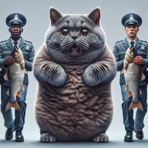 Plump British Shorthair Cat Balancing on Hind Legs with Big Fish