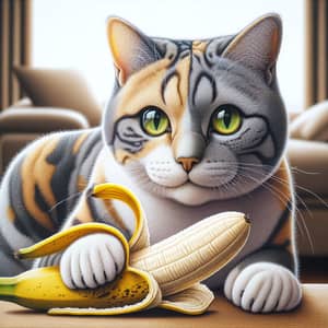 Puzzled Cat Eating Ripe Yellow Banana - Curious Indoor Scene