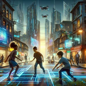 Children Playing in a Futuristic Cyberpunk City