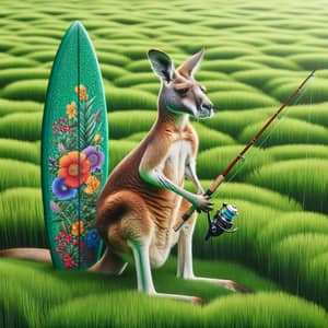 Kangaroo with Fishing Rod and Surfboard | Coastal Adventure