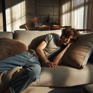 Young Male Napping on Cozy Sofa in Modern Living Room