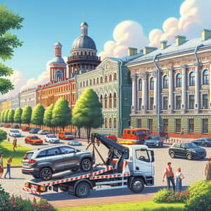 Tow Truck Transporting Modern Car in St. Petersburg | Urban Scene