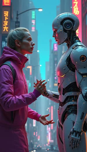 Vibrant Cyberpunk City: Humans & Robots Unite