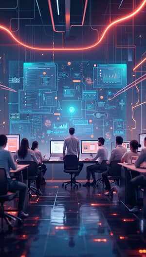 Futuristic Workspace: Humans & AI Collaboration