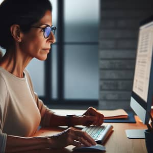 Hispanic Woman in 50s Working at Computer | Calm & Organized Workspace