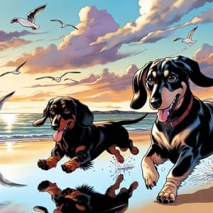 Anime Style Dachshunds Running on Sandy Beach