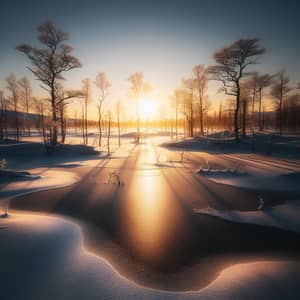 Winter Lake Scene: Golden Glow on Frozen Water