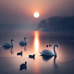 Tranquil Setting Sun Scene at Frozen Lake with Swans and Ducks