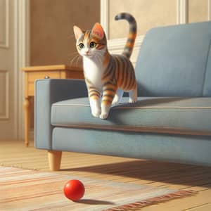 Playful Orange and White Cat on Blue Sofa